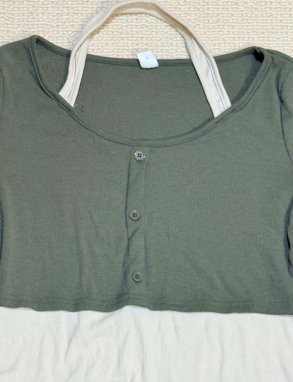 Shein Long Sleeve Ribbed Crop Top Green White Teen 14Y